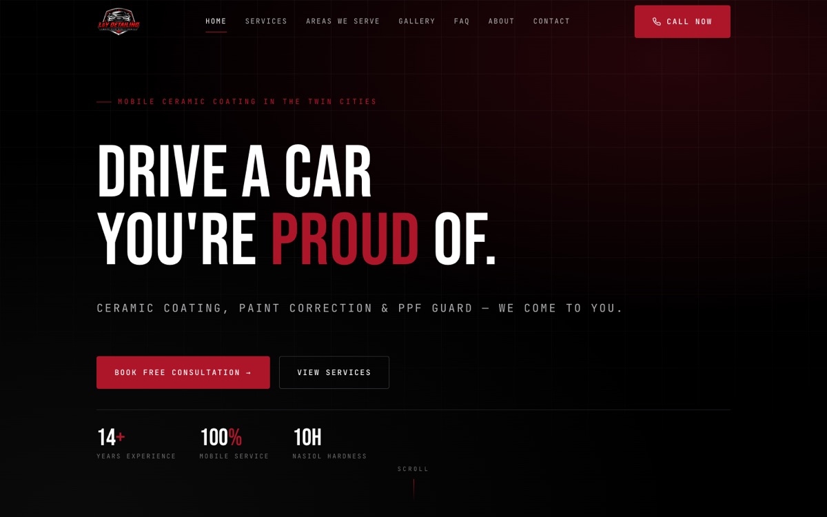 The L&Y Detailing homepage: "Mobile ceramic coating in the Twin Cities", with Book Free Consultation and View Services buttons.